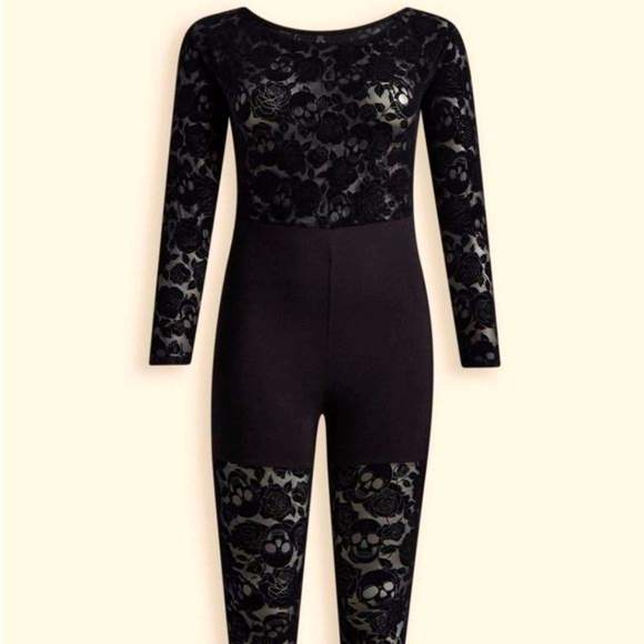 ❤️NWT VINTAGE TORRID CATSUIT - FLORAL SKULL MESH FLOCKED LONG SLEEVE - Picture 9 of 11